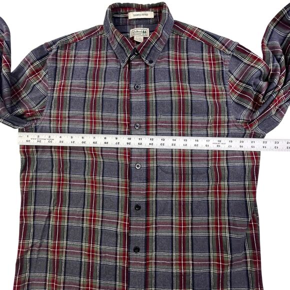 LL Bean Flannel Shirt Men M Gray Maroon Plaid Slightly Fitted Cotton Button Down - Picture 7 of 9